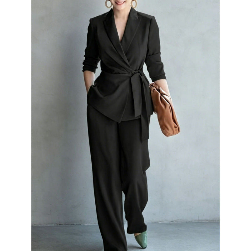 Belted Pants Set – Long-Sleeve Top & Straight-Leg Pants