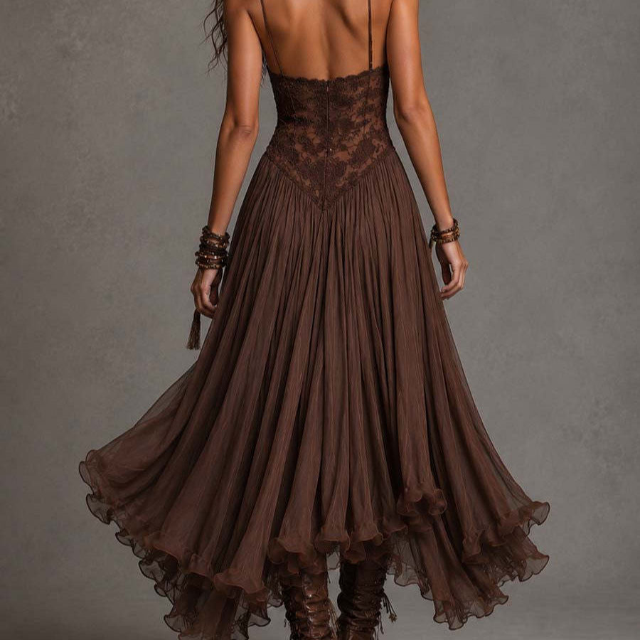 Chiffon Printed Strap Fitted Long Dress, Vintage Flowy Maxi Dress