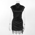 High neck lace patchwork slim fit sleeveless dress - black