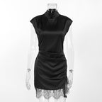 High neck lace patchwork slim fit sleeveless dress - black