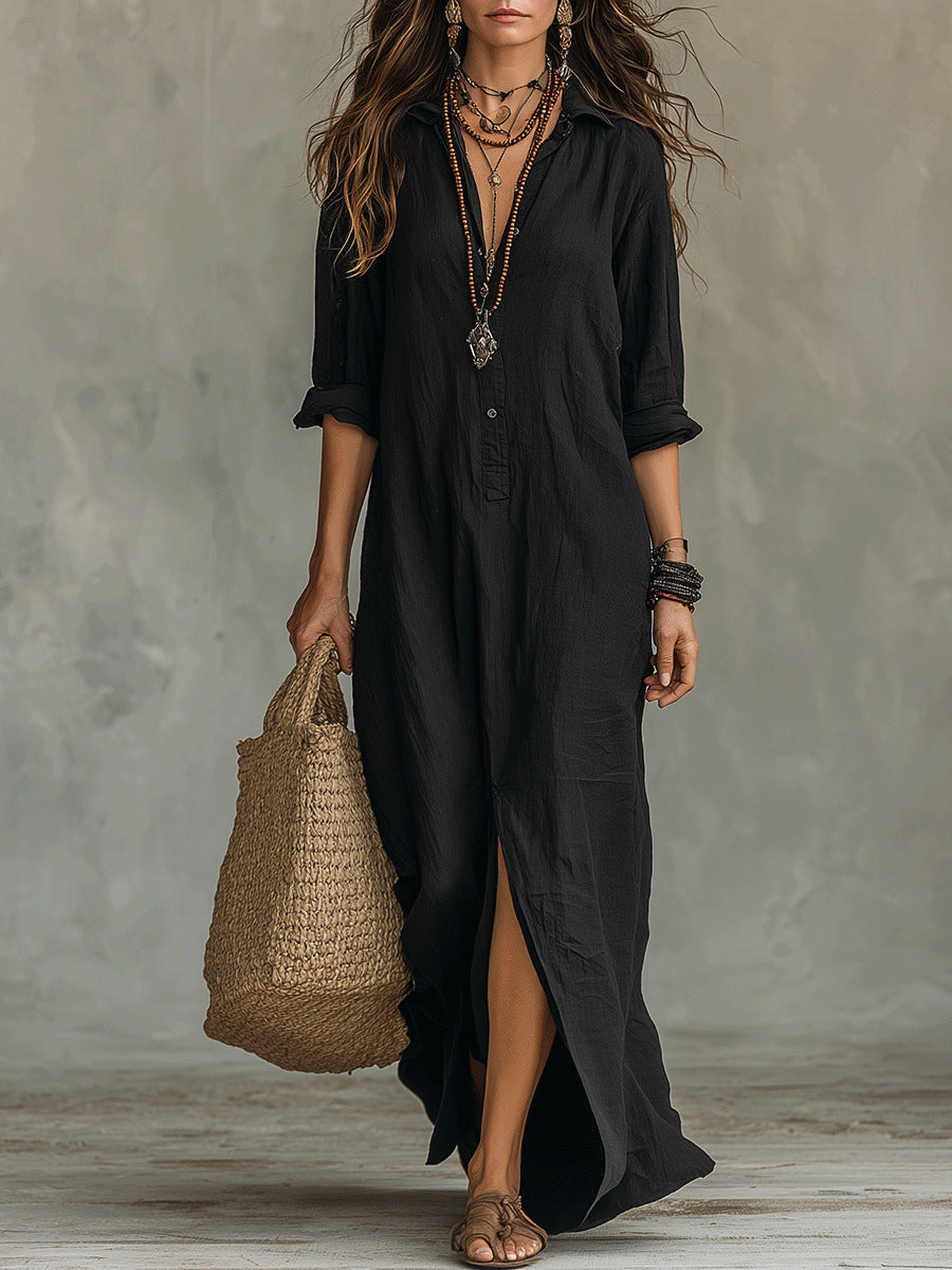Spring Summer Solid Color Notch Lapel Front Slit Long Dress Casual Shirt Dress Lazy Style