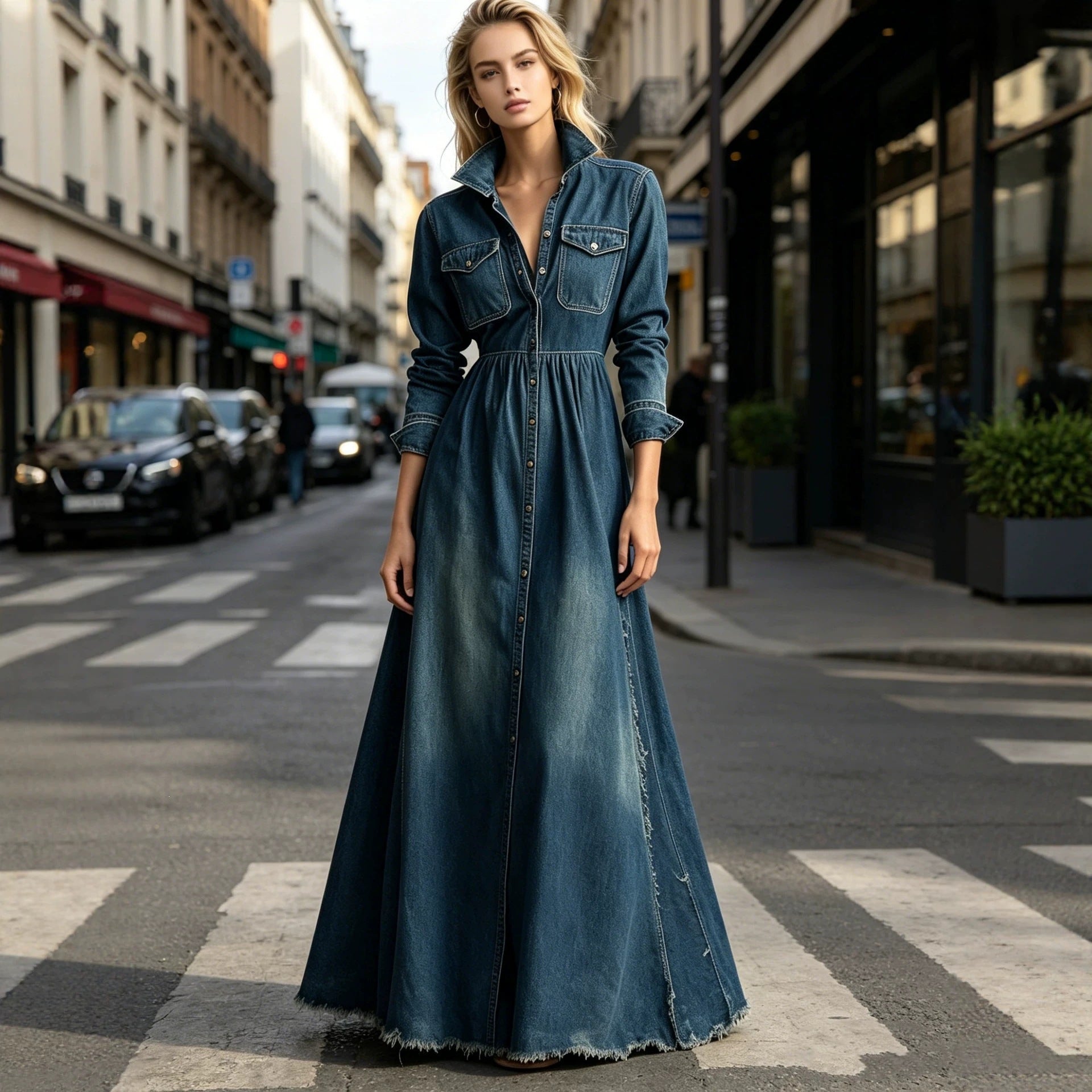 High-Waist Maxi Dress – Long Sleeves & Flip Collar