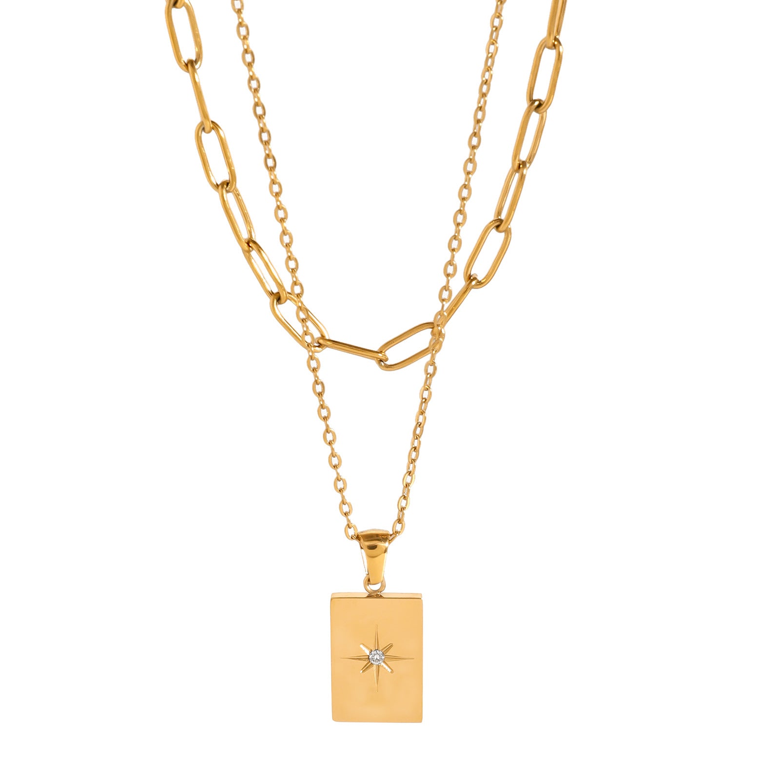 Stainless steel star square pendant double layered necklace