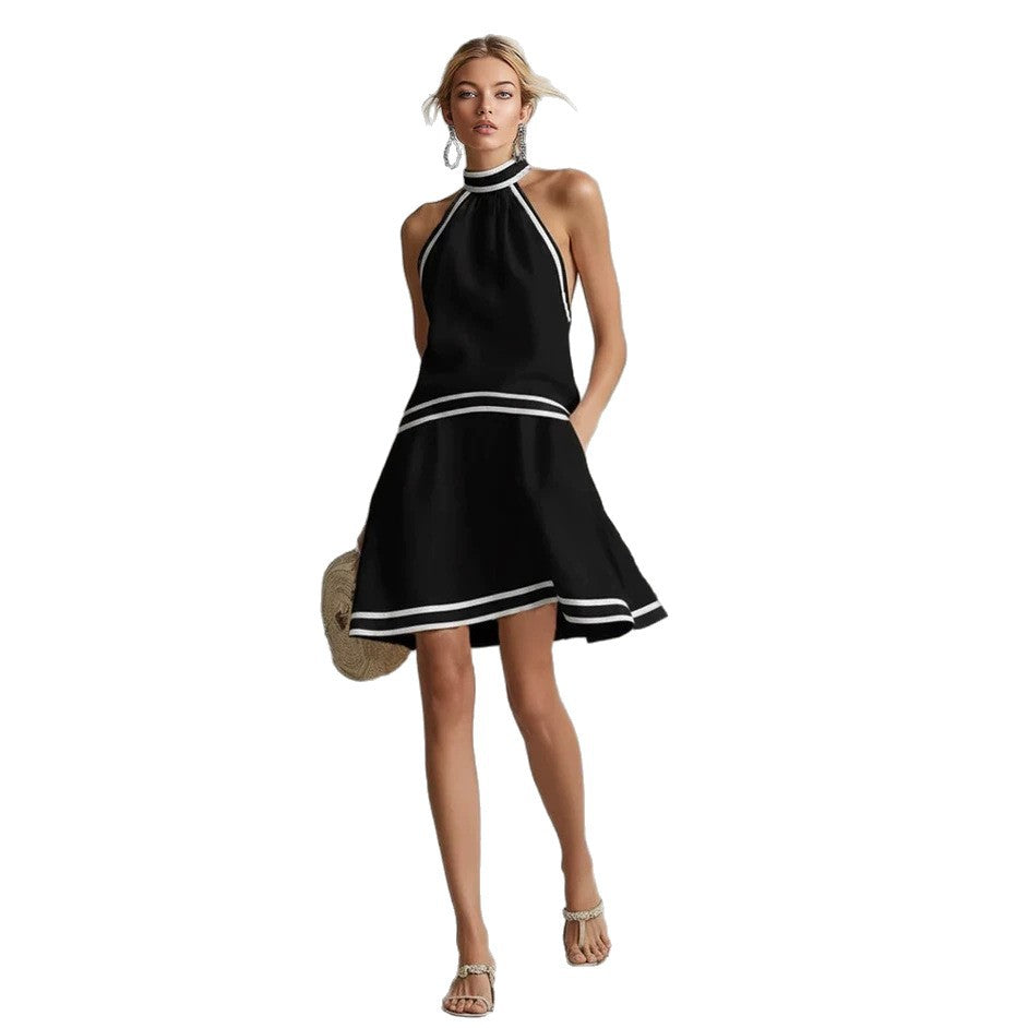 Choker Neck Fashion Short Dress with Striped Trim, Comfortable Sleeveless Fitted Dress