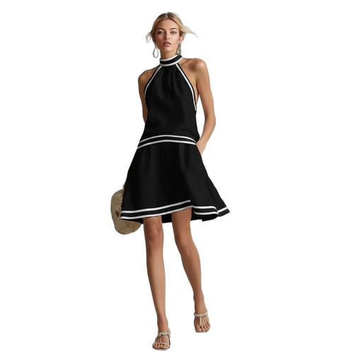 Choker Neck Fashion Short Dress with Striped Trim, Comfortable Sleeveless Fitted Dress