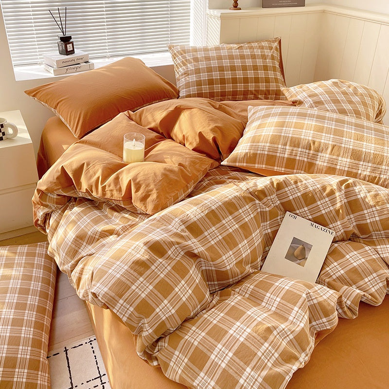 Cotton Dyed Washed Cotton Bedding Set Pure Cotton A Class Flat Sheet Quilt Cover Fitted Sheet Quilt Cover Three-Piece Set Striped