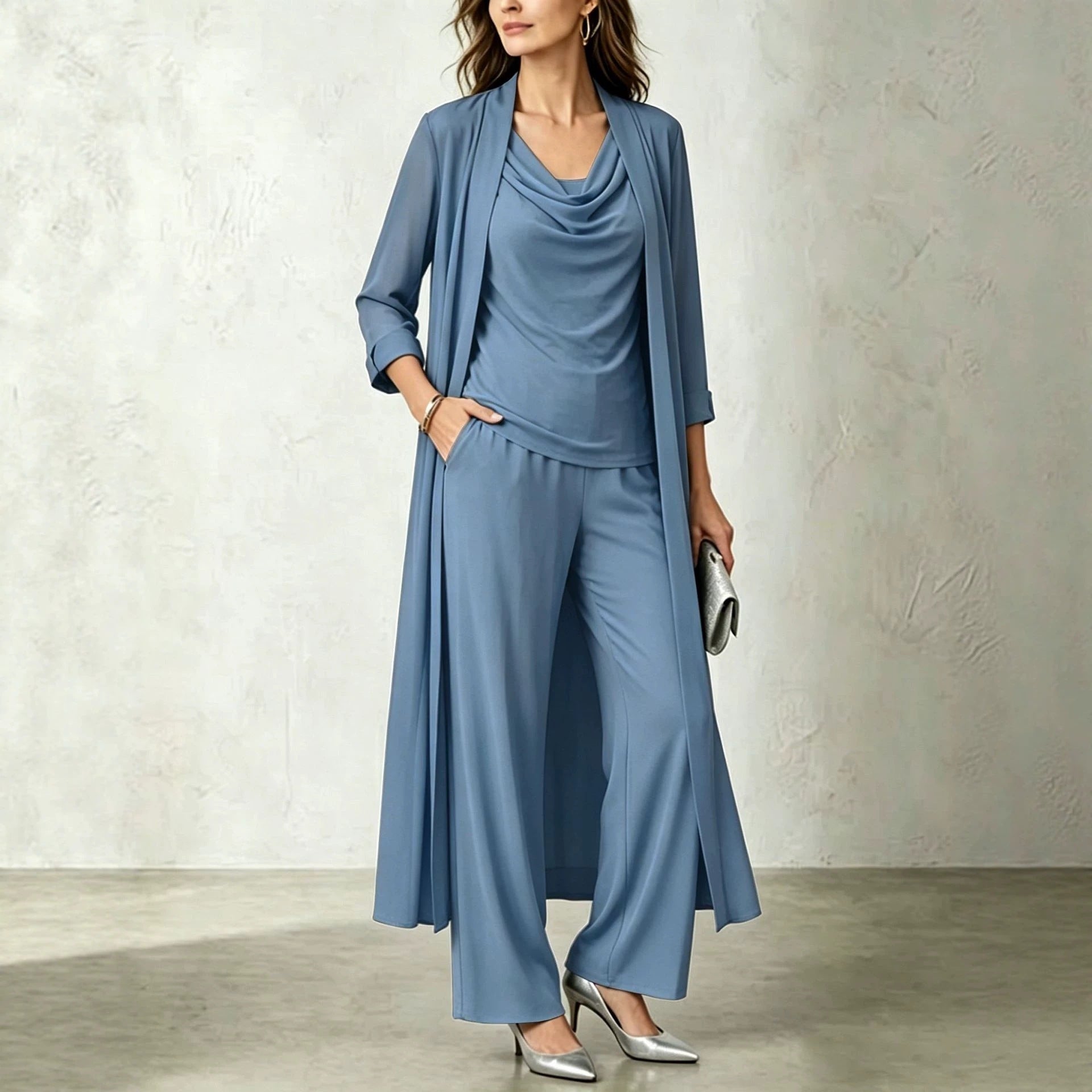 Three-Piece Pants Set – Long Cardigan & Layered Top