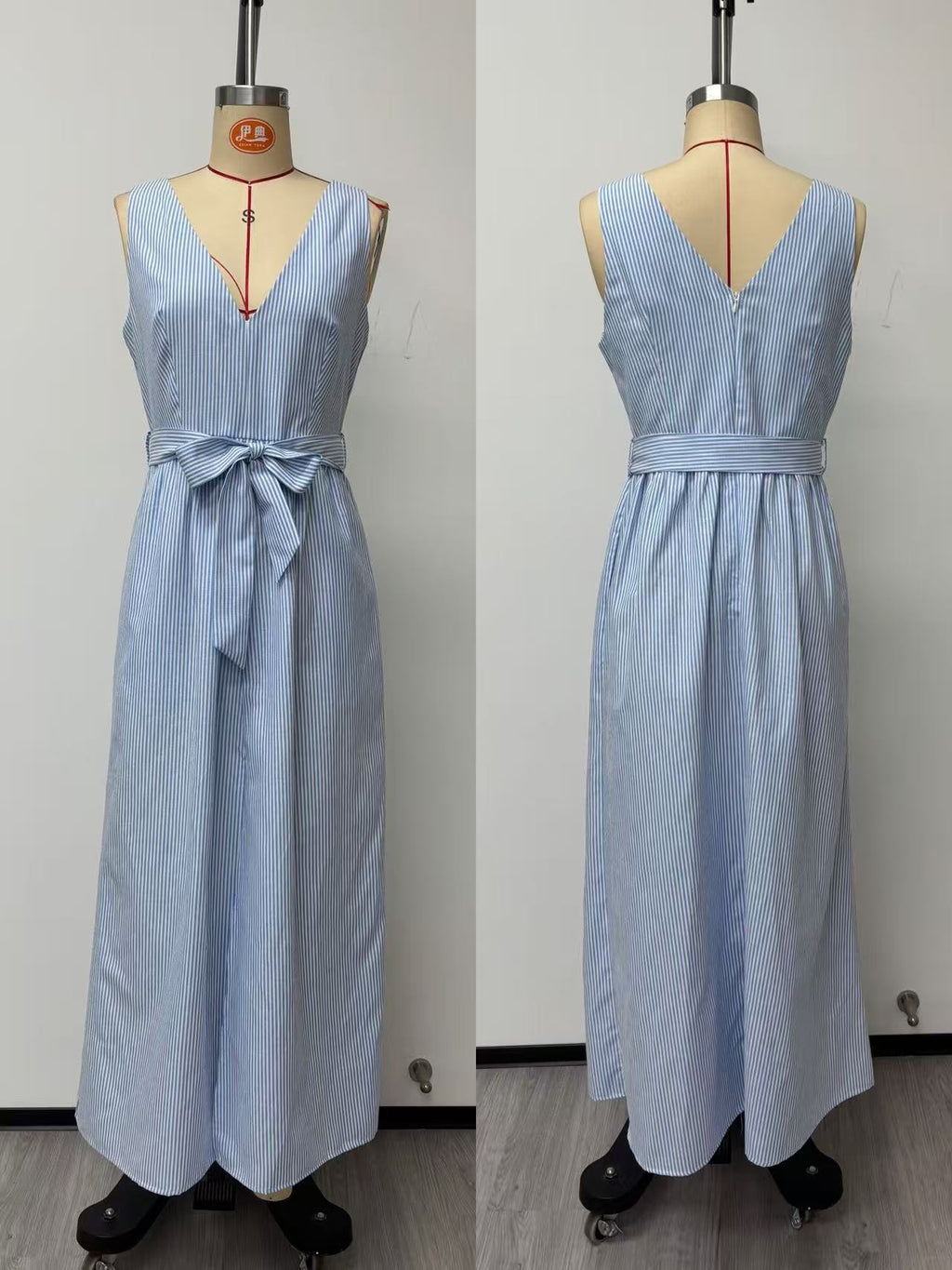 Fresh Blue and White Striped Sleeveless Long Dress - blue