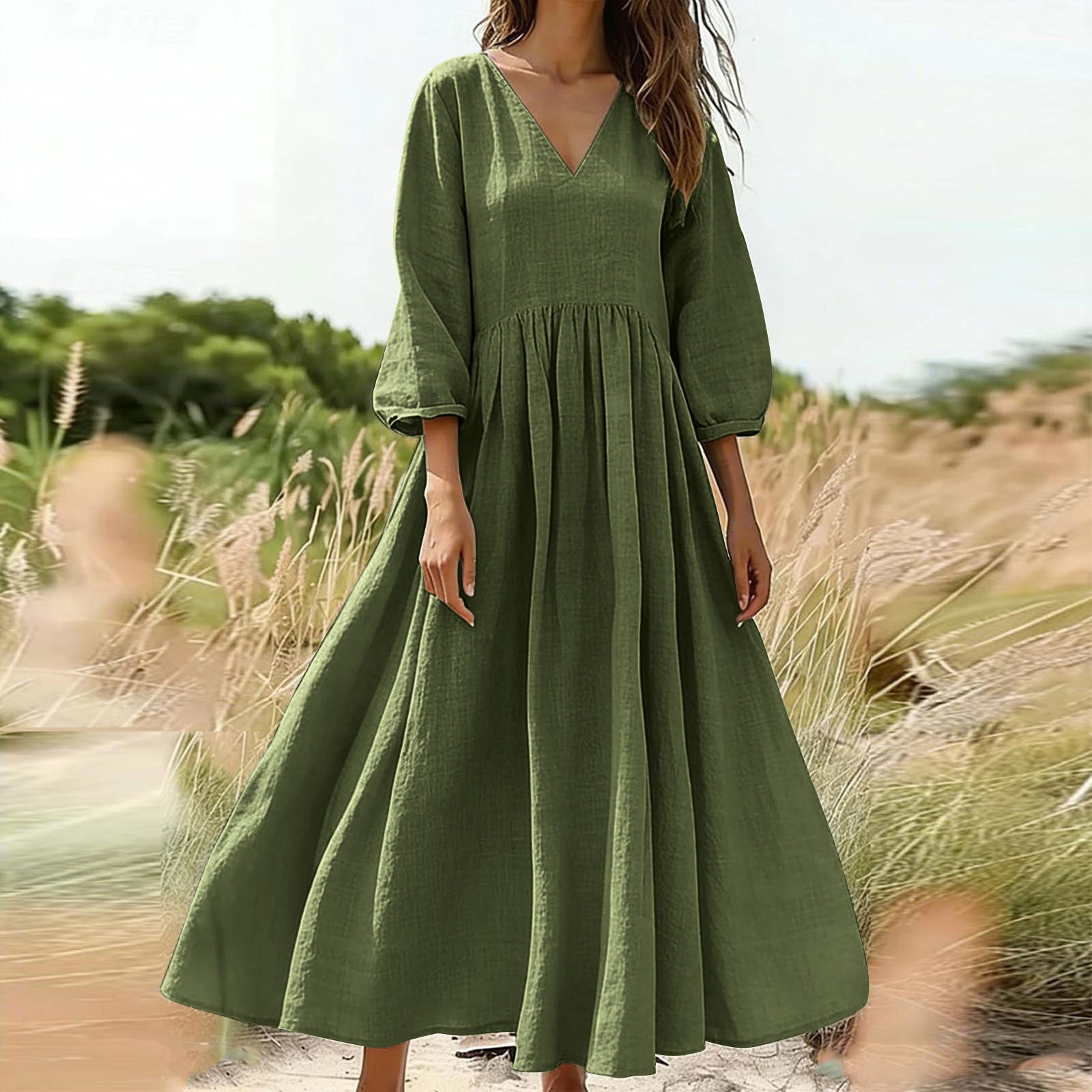 V-neck pleated dress