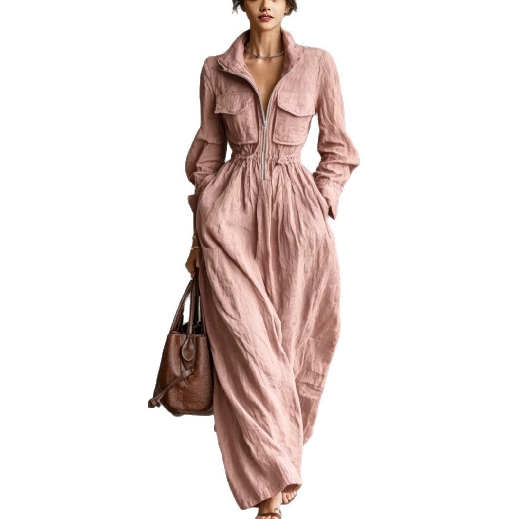 Zip-Front A-Line Maxi Dress – Elastic Waist