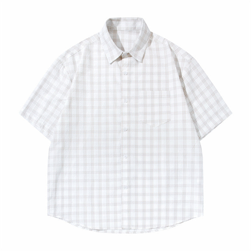 Casual Loose Checkered Short Sleeve Shirt for Men - beige