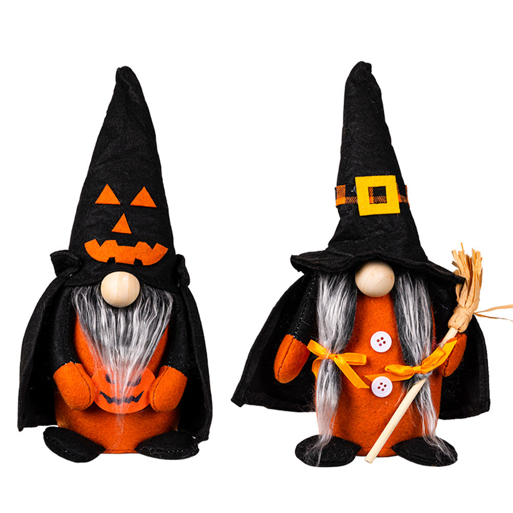 Halloween decoration with pumpkin broom, pointed hat, witch's home, Halloween faceless doll, dwarf ornament