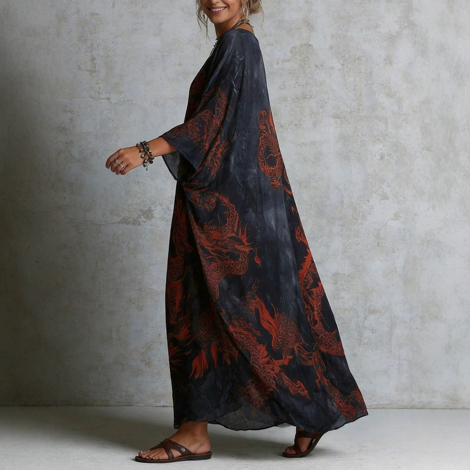 Dragon print beach vacation long dress outerwear
