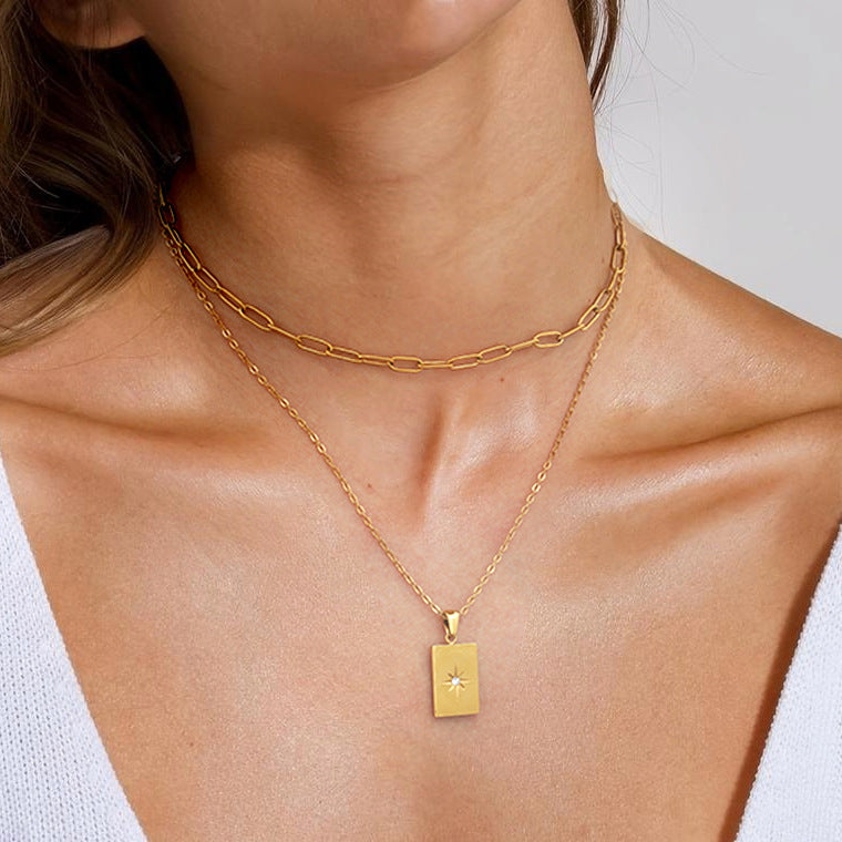 Stainless steel star square pendant double layered necklace