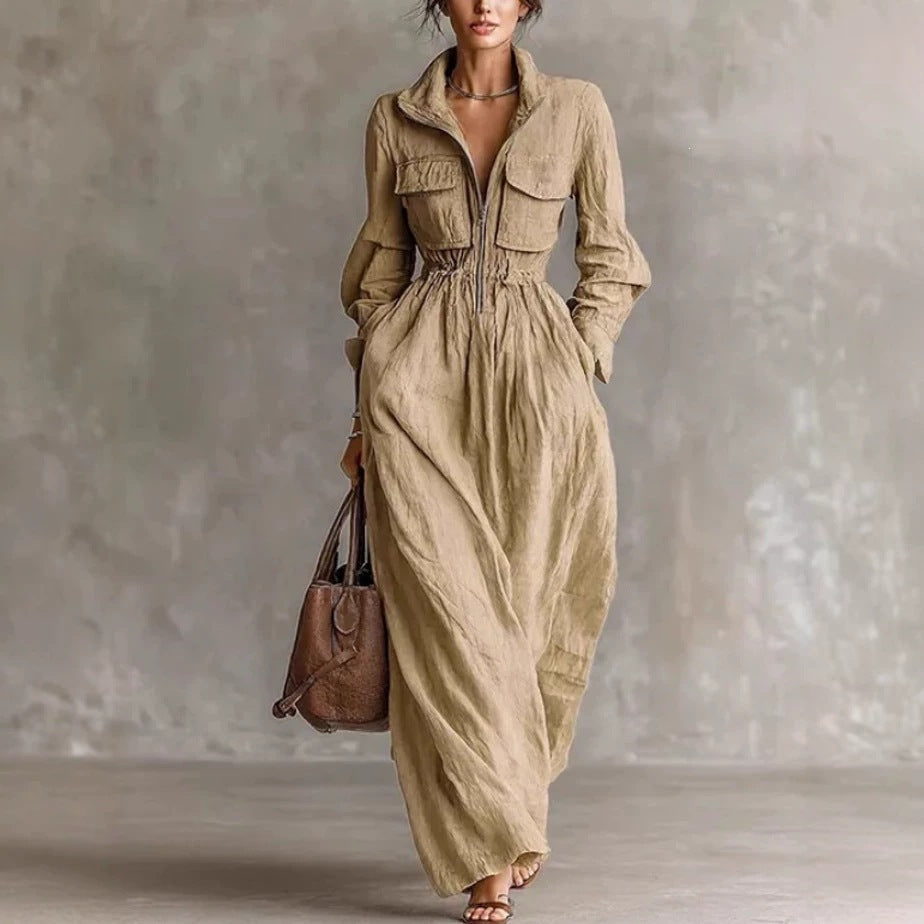 Zip-Front A-Line Maxi Dress – Elastic Waist