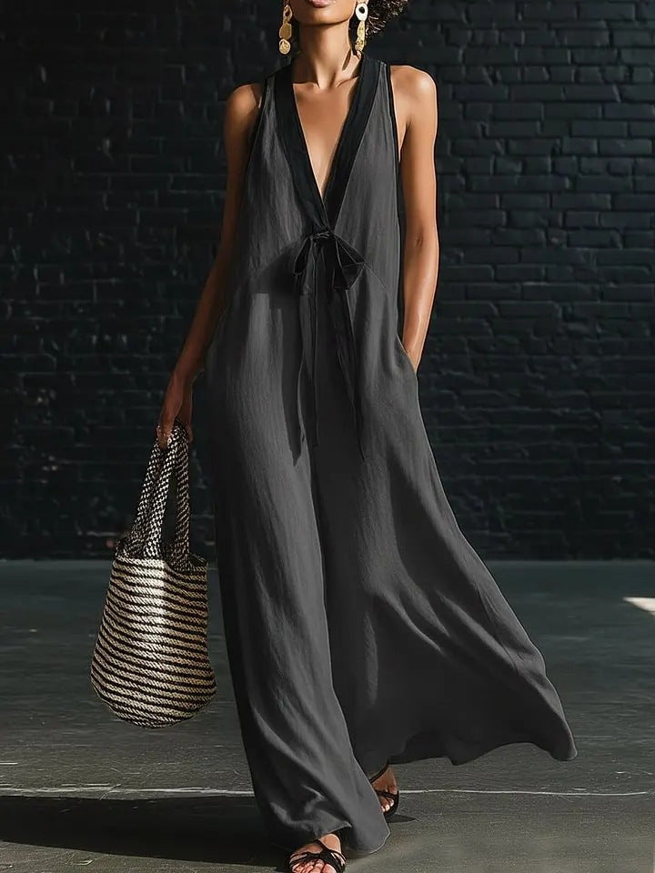 V-neck Strapless Sleeveless Resort-Style Long Simple Elegant Dress