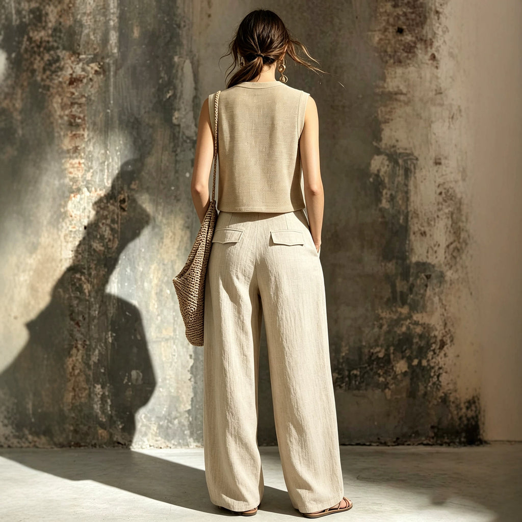 Linen Wide-Leg Pants Set – Sleeveless Pocket Vest
