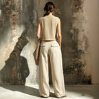 Linen Wide-Leg Pants Set – Sleeveless Pocket Vest
