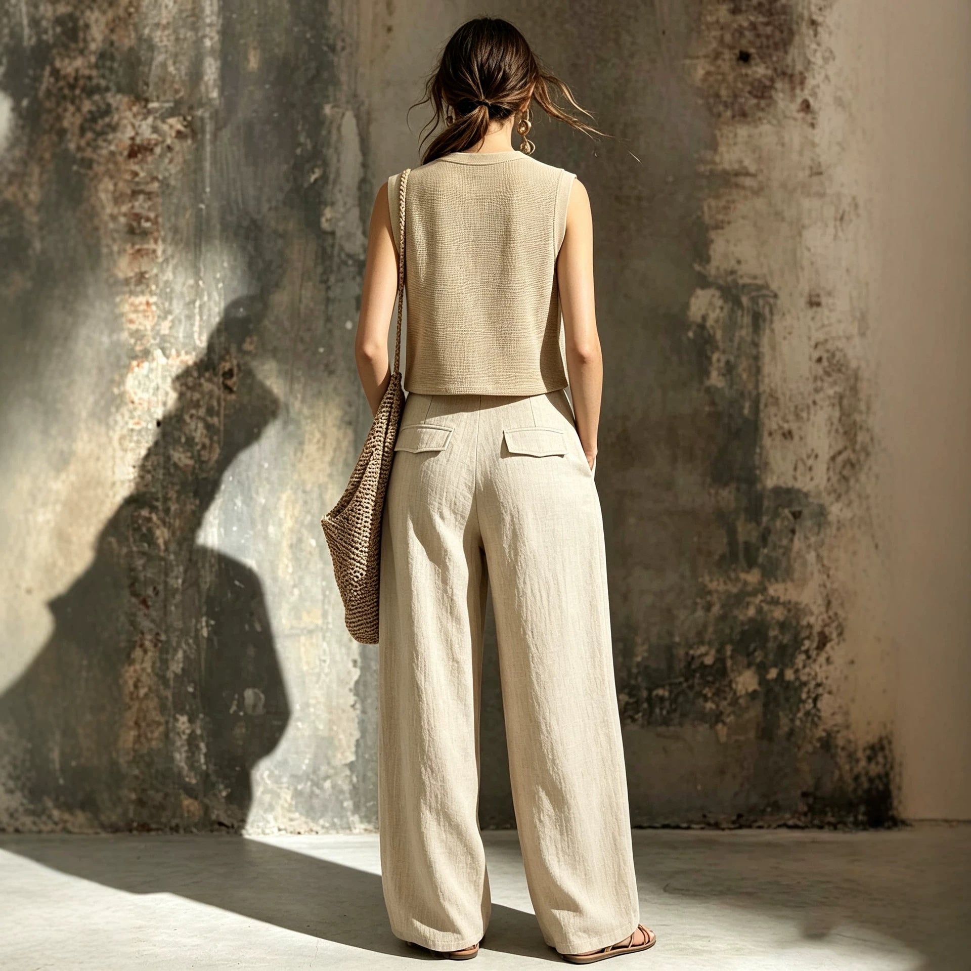 Linen Wide-Leg Pants Set – Sleeveless Pocket Vest