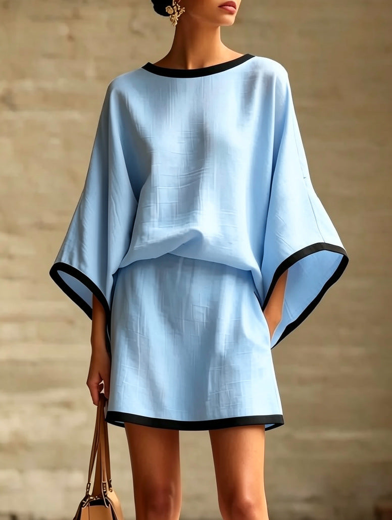 Linen Top & Mini Skirt Set – Batwing-Sleeve Ease