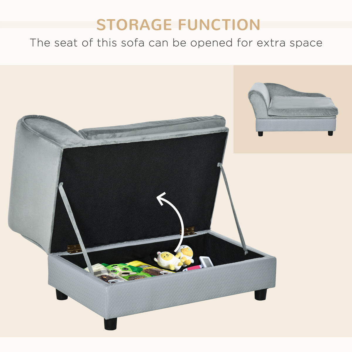 Luxury Dog Bed For Small Dogs, Hidden Storage, Soft Foam Couch, Modern Pet Furniture, Gray