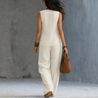 Wide-Leg Pants Set – Sleeveless V-Neck Waist-Defining Top