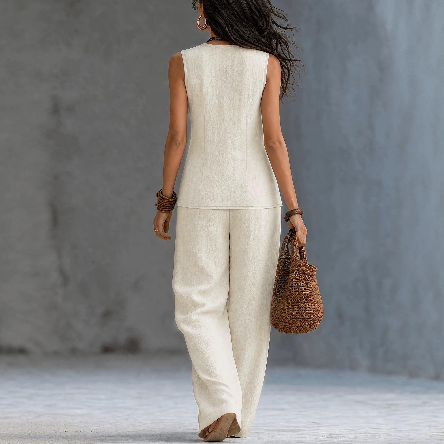 Wide-Leg Pants Set – Sleeveless V-Neck Waist-Defining Top