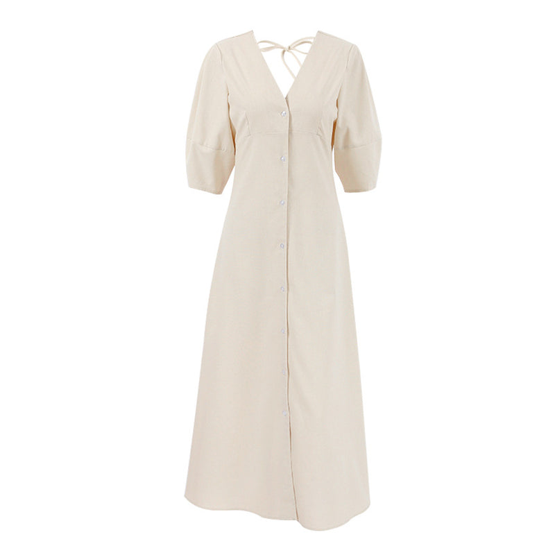 V-neck bubble sleeve loose mid length dress