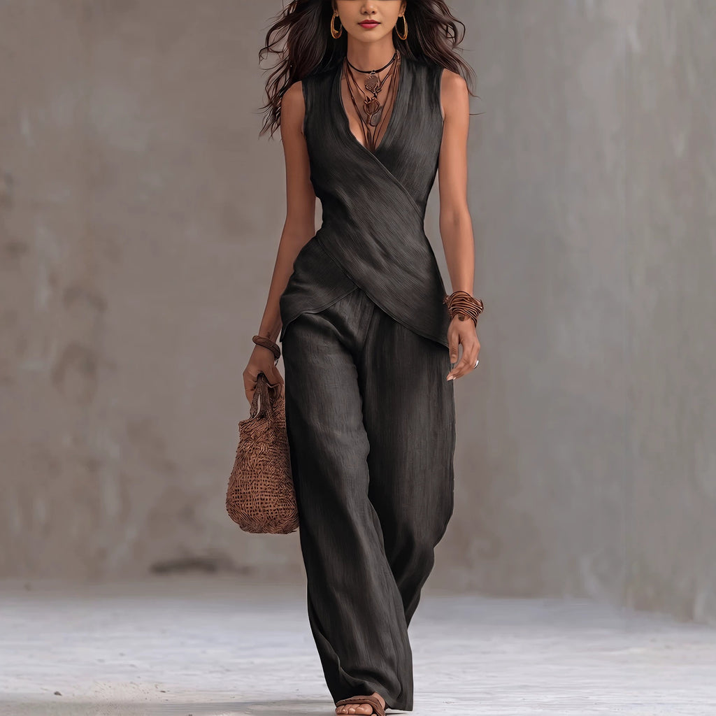 Wide-Leg Pants Set – Sleeveless V-Neck Waist-Defining Top