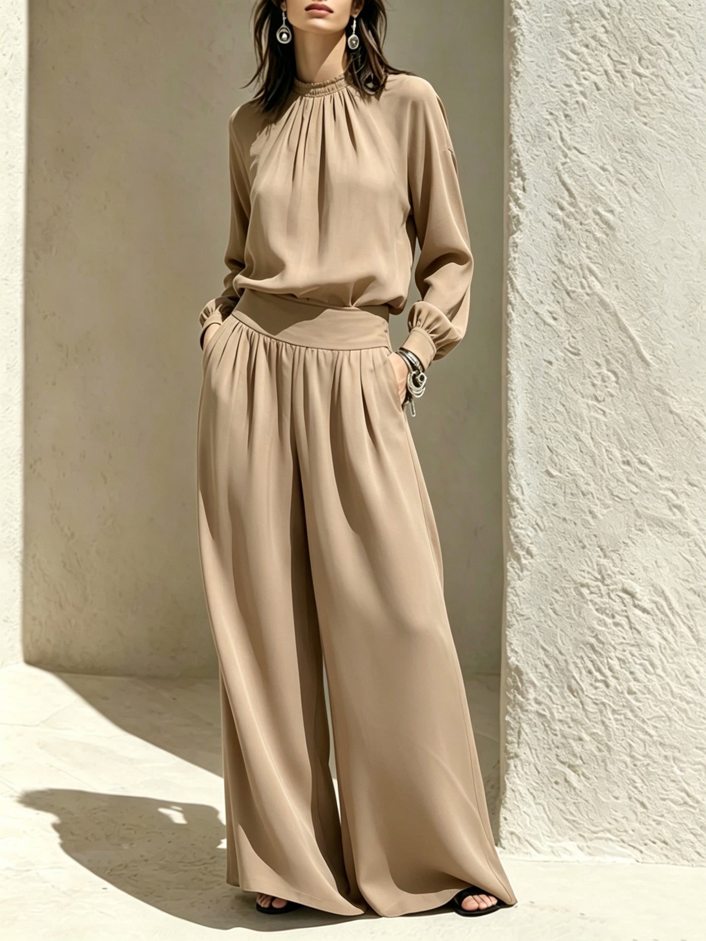 Wide-Leg Pants Set – Stand-Collar Blouse & Long Pants