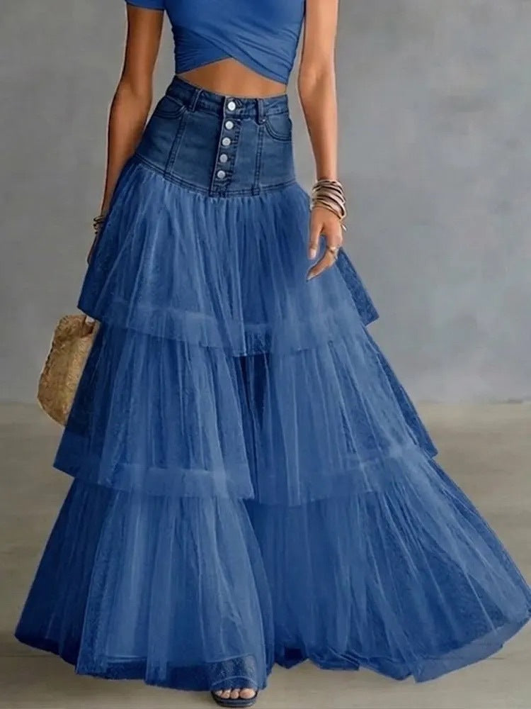 Cowboy patchwork mesh large swing skirt - Deep Blue