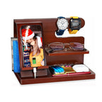 Creative Solid Wood Multi-functional Phone Stand with Charging Function, Office Desk Pine Wood Earphone and Small Item Organizer
