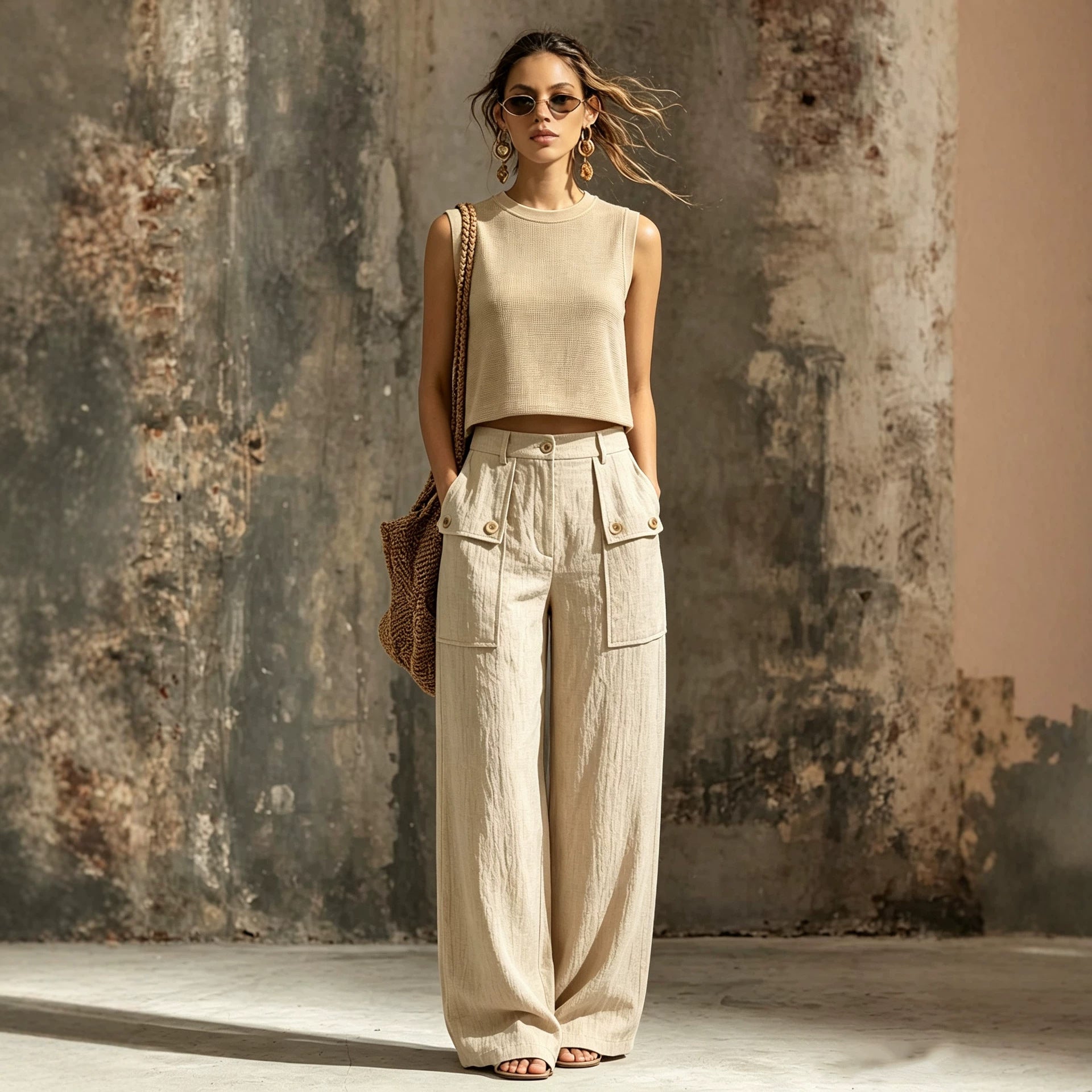 Linen Wide-Leg Pants Set – Sleeveless Pocket Vest