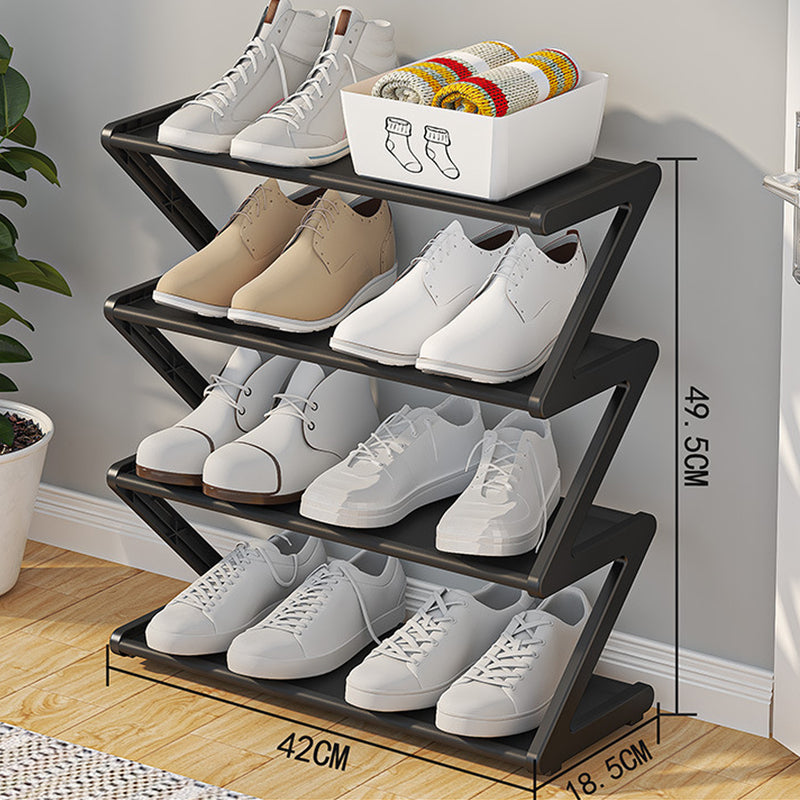 Z-shaped 4-layer shoe organizer: space-saving, wall/corner-mount, stackable, adjustable storage shelf.