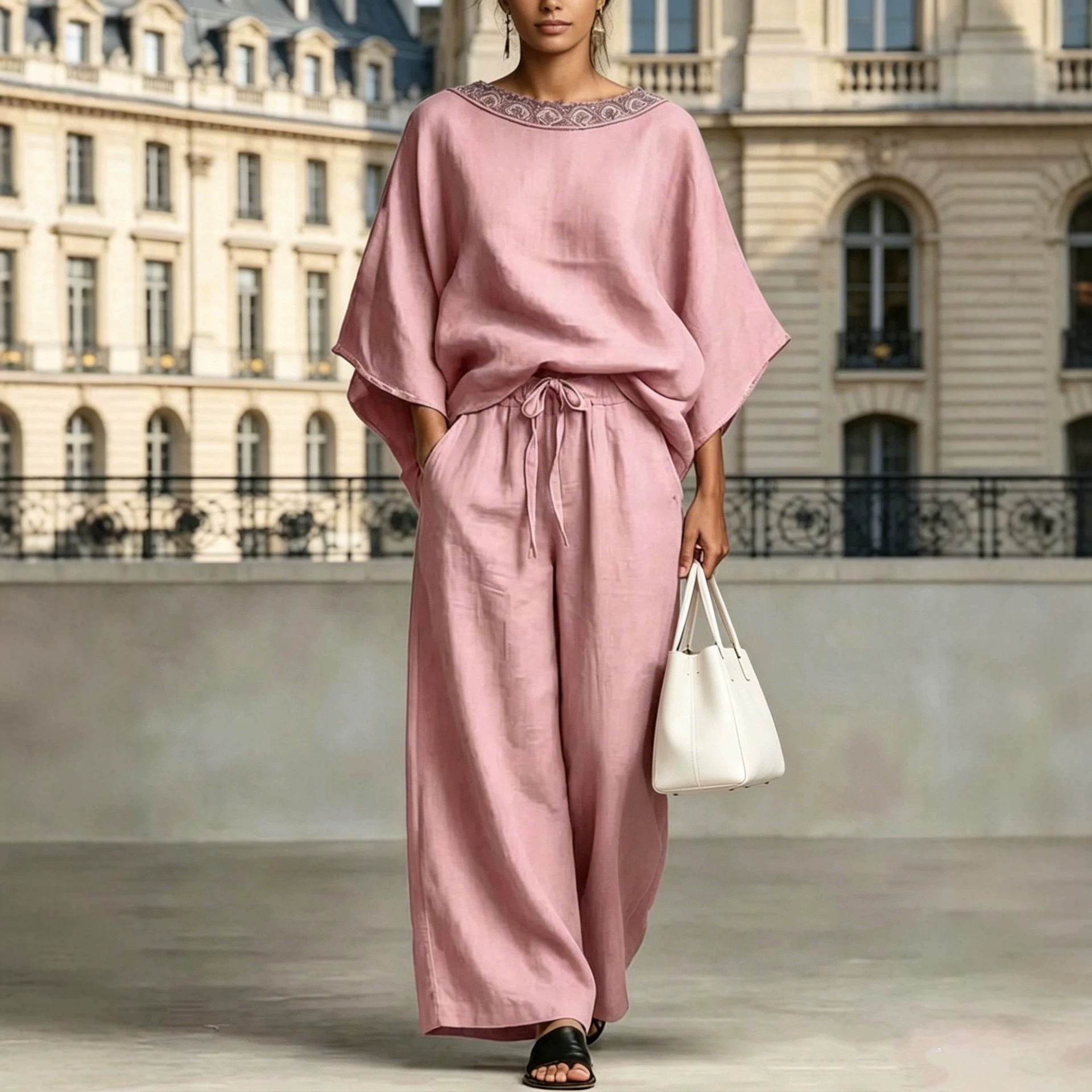 Lace-Detail Pants Set – Relaxed T-Shirt Top