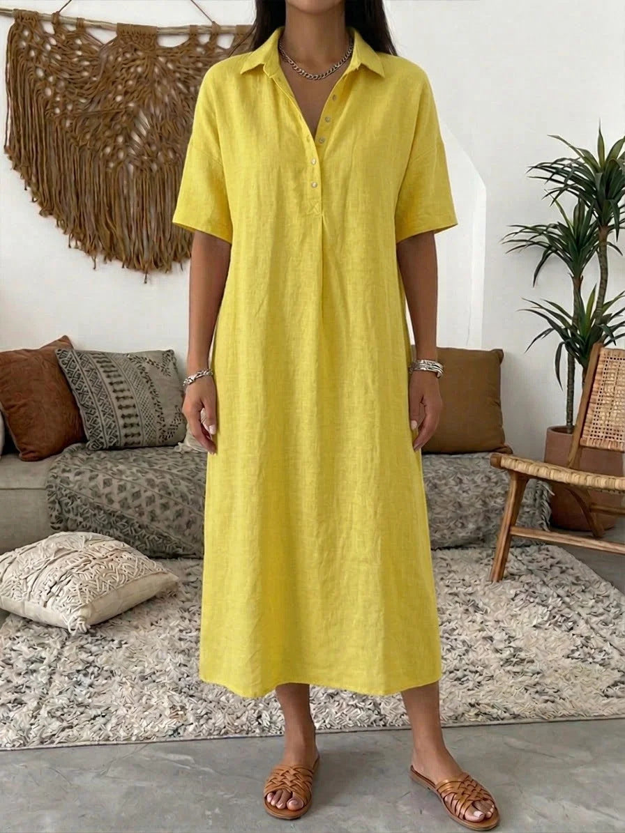 Casual Straight Fit Comfortable Linen Short Sleeve Polo Neck Dress for Women