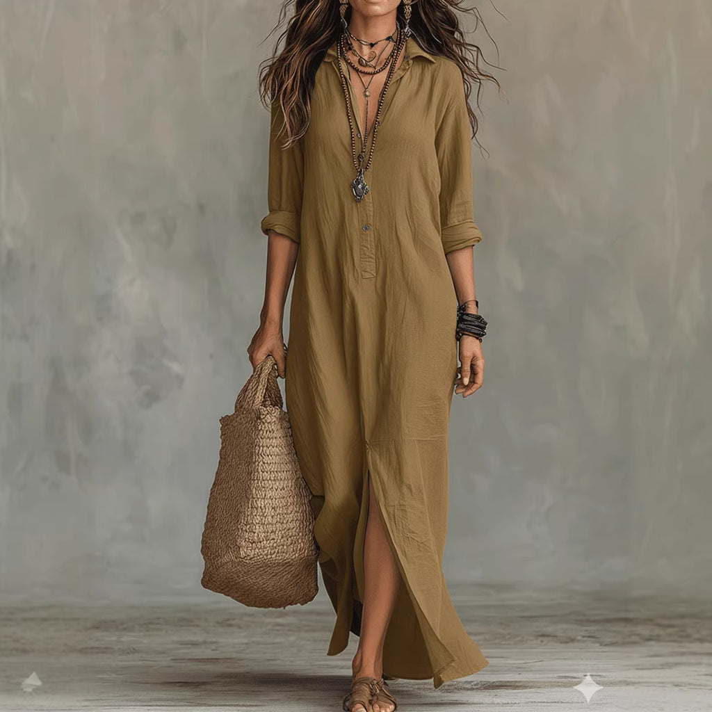 Spring Summer Solid Color Notch Lapel Front Slit Long Dress Casual Shirt Dress Lazy Style