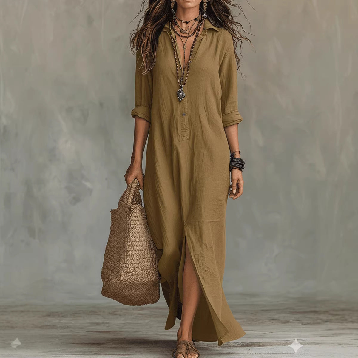 Spring Summer Solid Color Notch Lapel Front Slit Long Dress Casual Shirt Dress Lazy Style