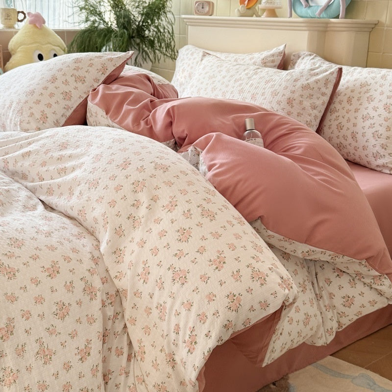 Double Gauze Four-Piece Set Jacquard Small Bamboo Cotton Three-Piece Set Student Dormitory INS Fresh Floral Bedding