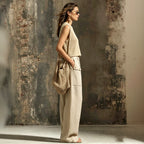 Linen Wide-Leg Pants Set – Sleeveless Pocket Vest