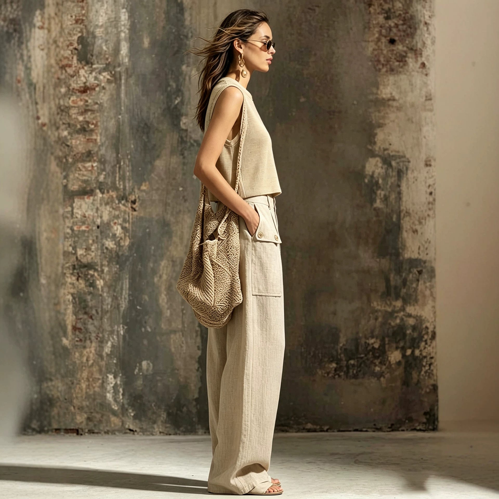 Linen Wide-Leg Pants Set – Sleeveless Pocket Vest