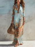 Blue Tone Printed Chiffon Turn-down Collar Split Resort Beach Dress