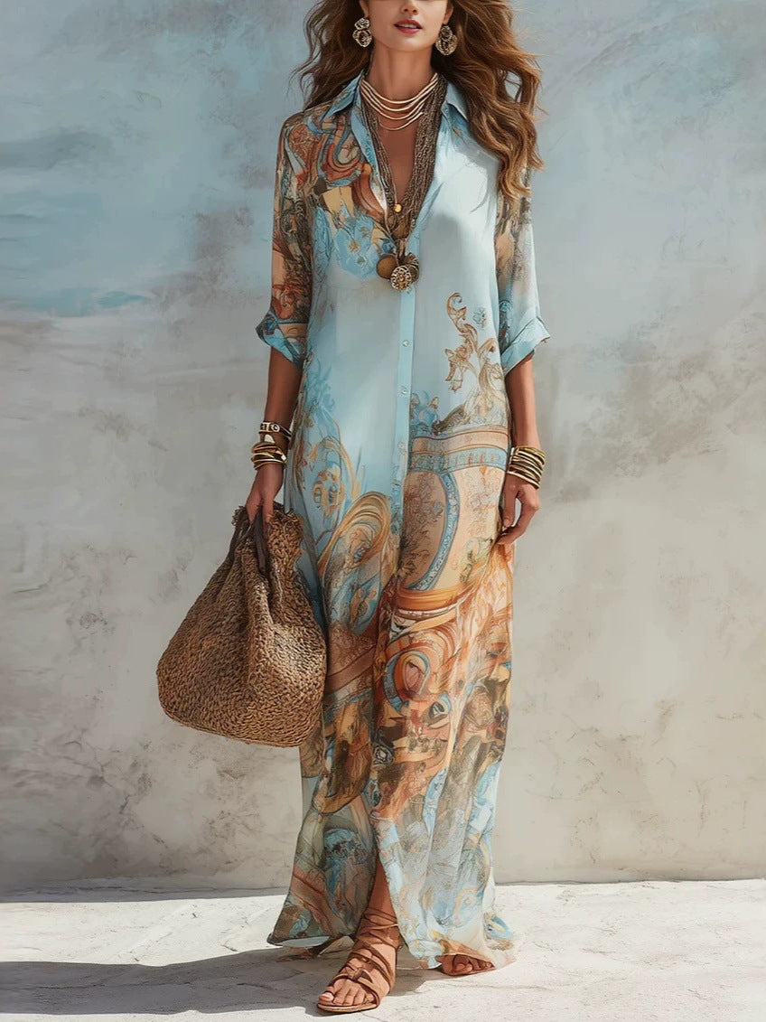 Blue Tone Printed Chiffon Turn-down Collar Split Resort Beach Dress