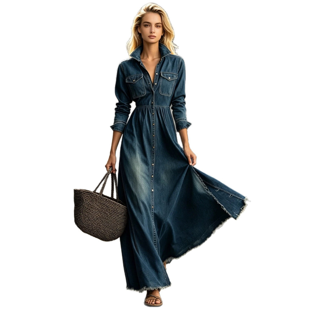High-Waist Maxi Dress – Long Sleeves & Flip Collar