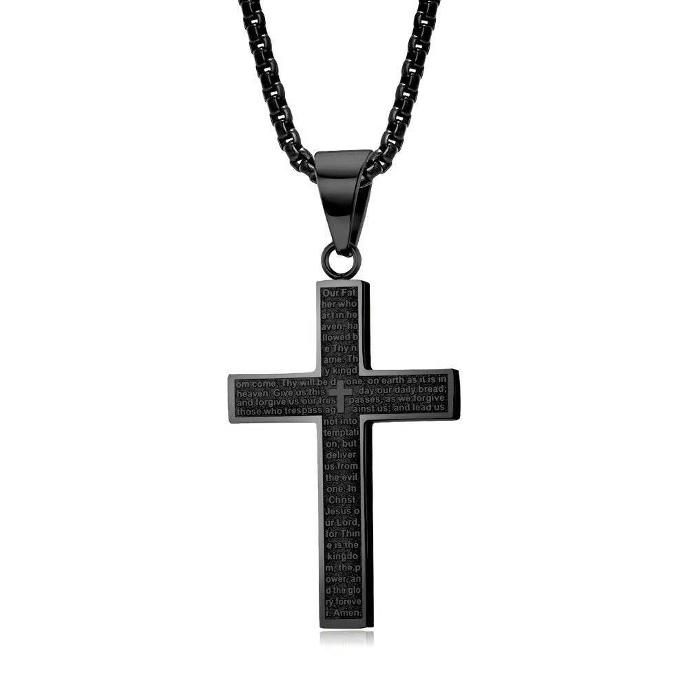 Scripture Cross Pendant Titanium Steel Necklace - Black with chain