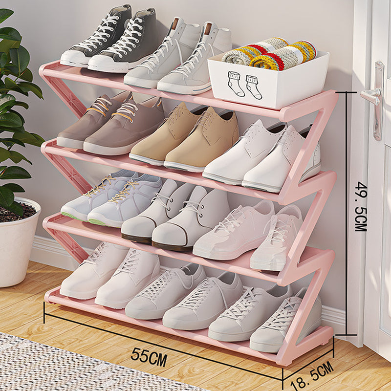 Z-shaped 4-layer shoe organizer: space-saving, wall/corner-mount, stackable, adjustable storage shelf.