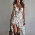 Elegant Women's Chiffon Floral Print Strap V-Neck Ruffled Dress