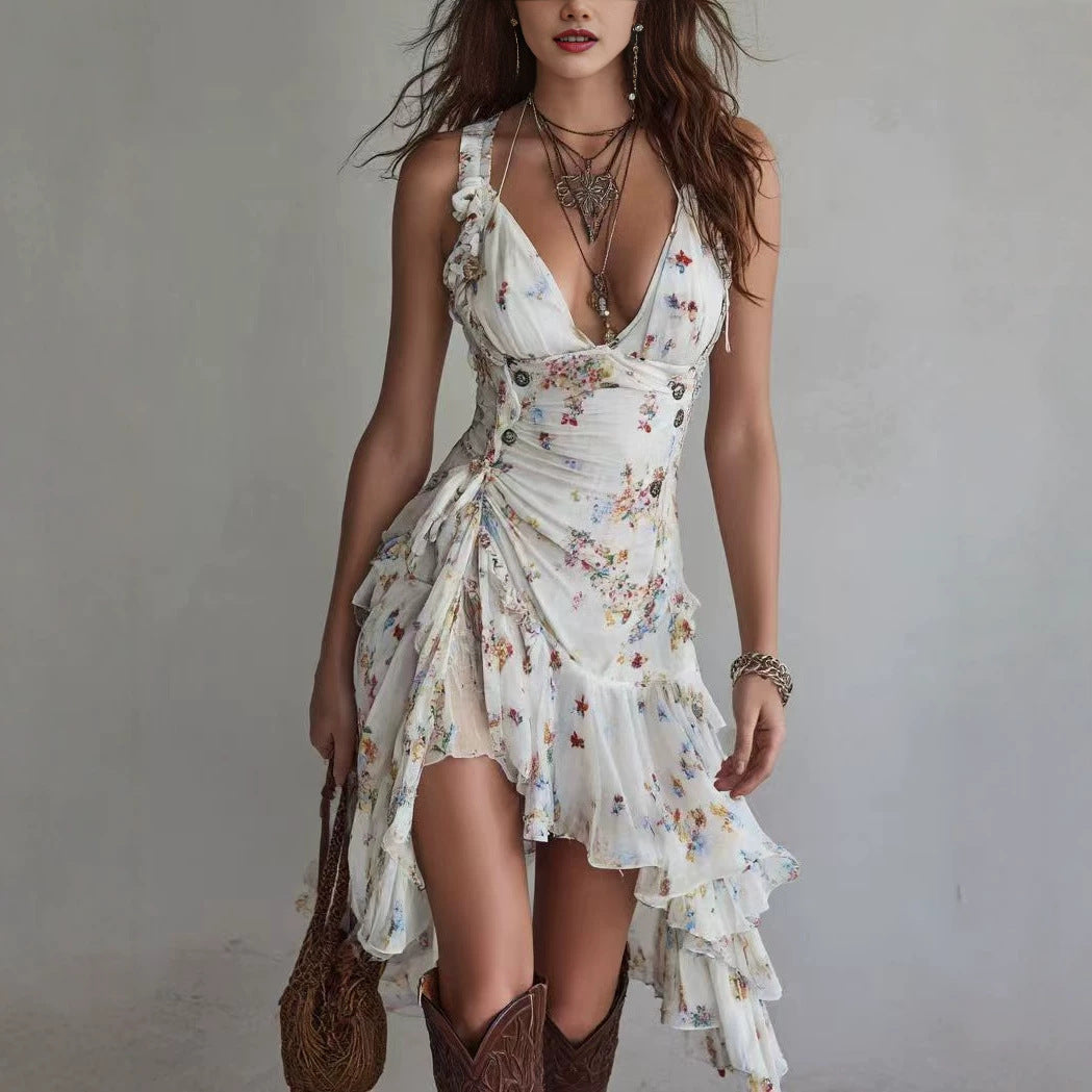 Elegant Women's Chiffon Floral Print Strap V-Neck Ruffled Dress