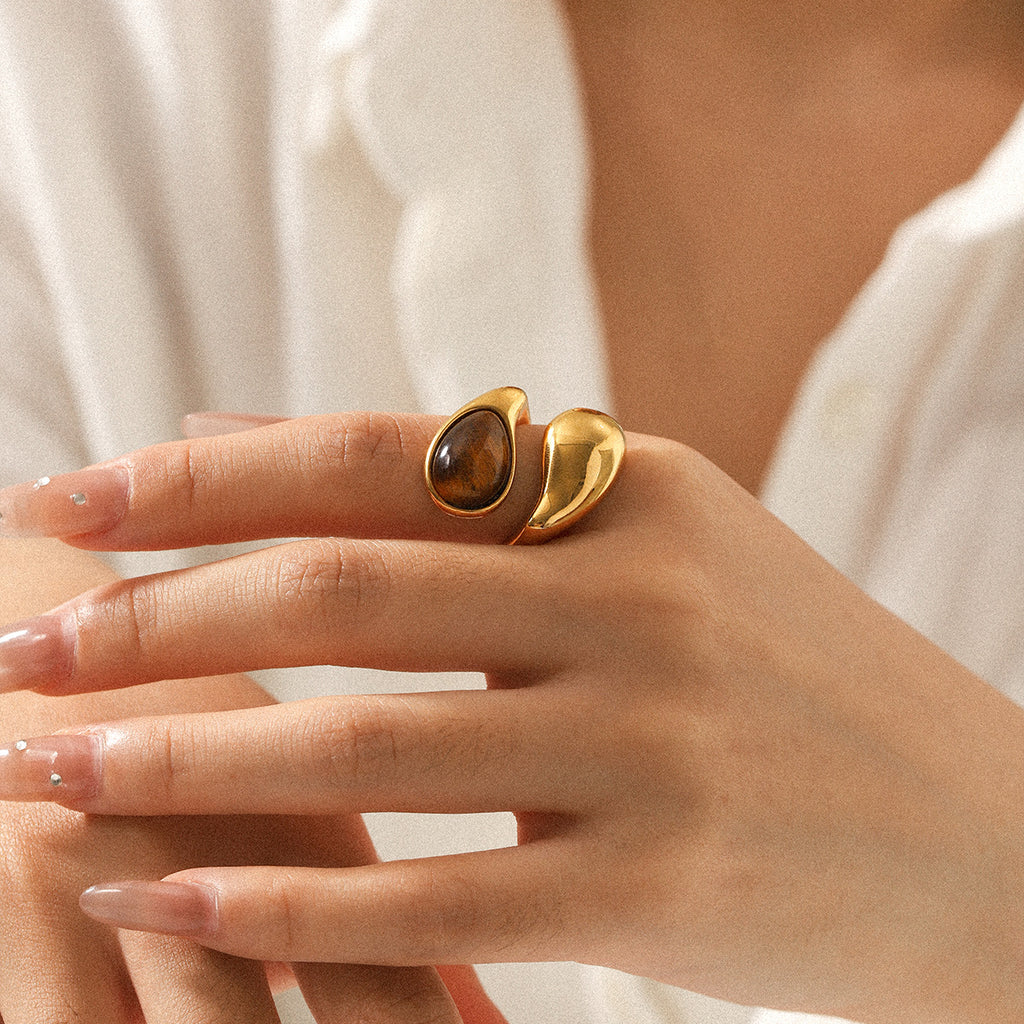 Waterdrop shaped stainless steel inlaid tiger eye stone ring