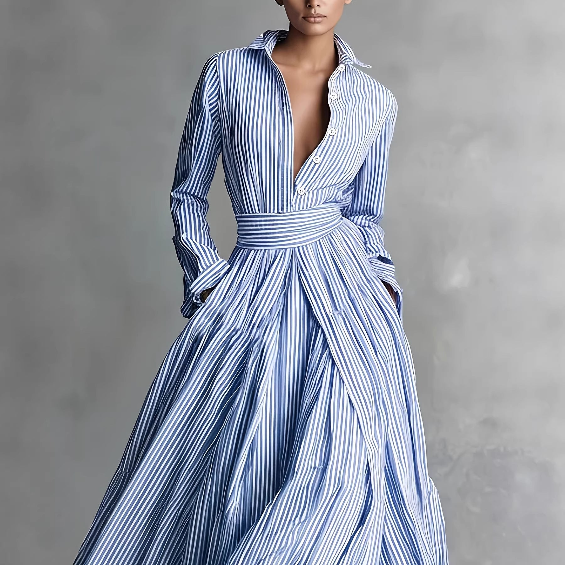 Striped long sleeved pocket cardigan tied shirt dress